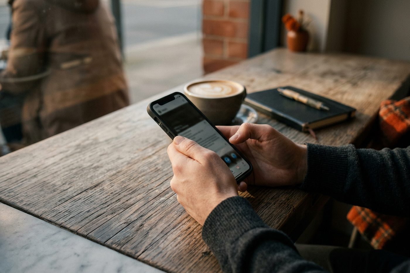 Hands holding a phone at a café table, placing an order.